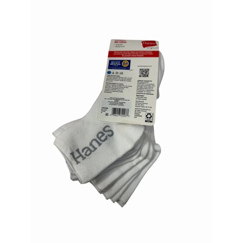 hanes 6 pairs womens super soft mid crew socks white size 5-9